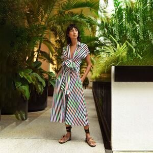 Silvia Tcherassi Roopal Color-Block Shirt Dress in Sangria Stripes, Sz S